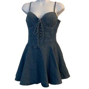 Haute Monde Light Blue Mini Halter Top Lace Up Opening Denim Dress, Small